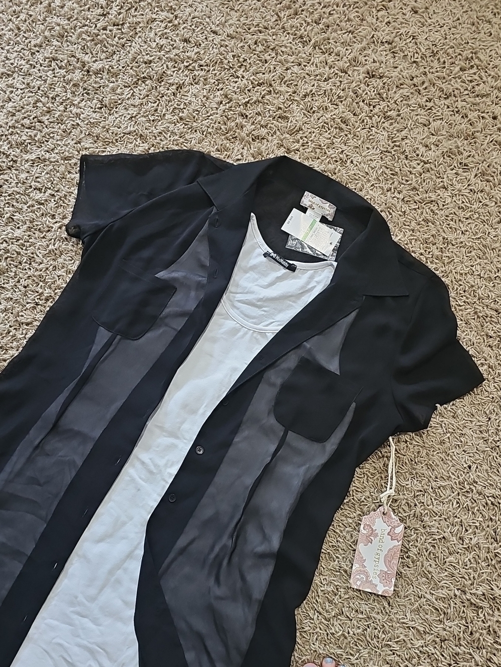 NWT Band of Gypsies Dress Duster Sheer Black Large Button Up Short Sleeve - Picture 7 of 7